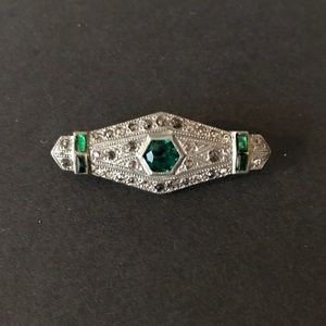 Vintage Marcasite and Green stone Brooch